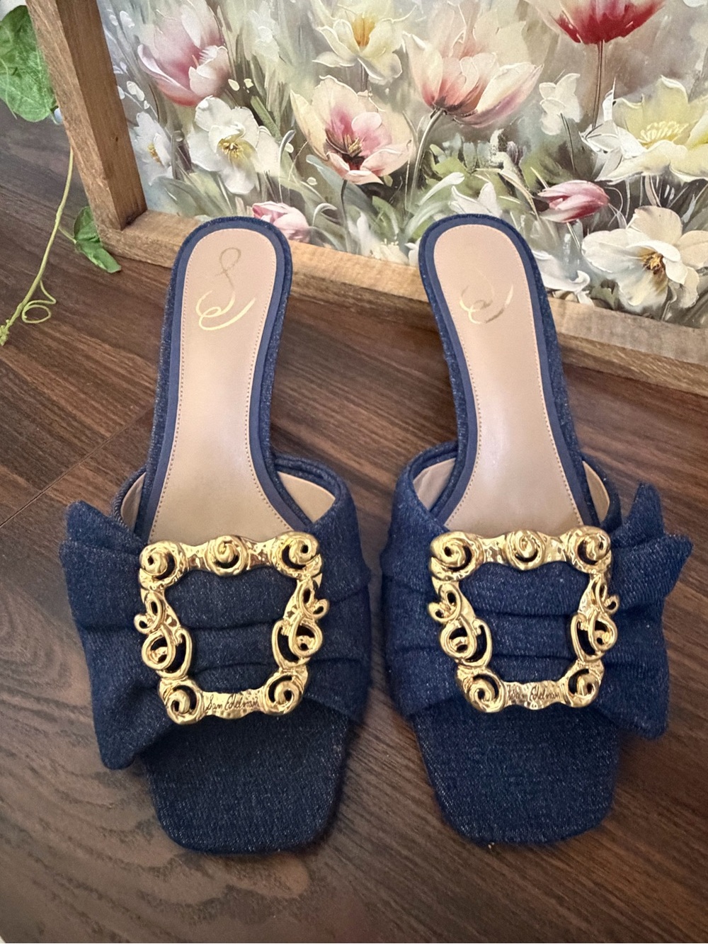 Sam Edelman Denim Gold Buckle Bow Heeled Mules Size 11
